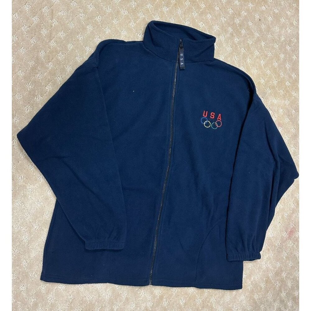 Vintage Fleece Jacket Men's XL USA Olympics Blue Full Zip Made in USA 90s Warm